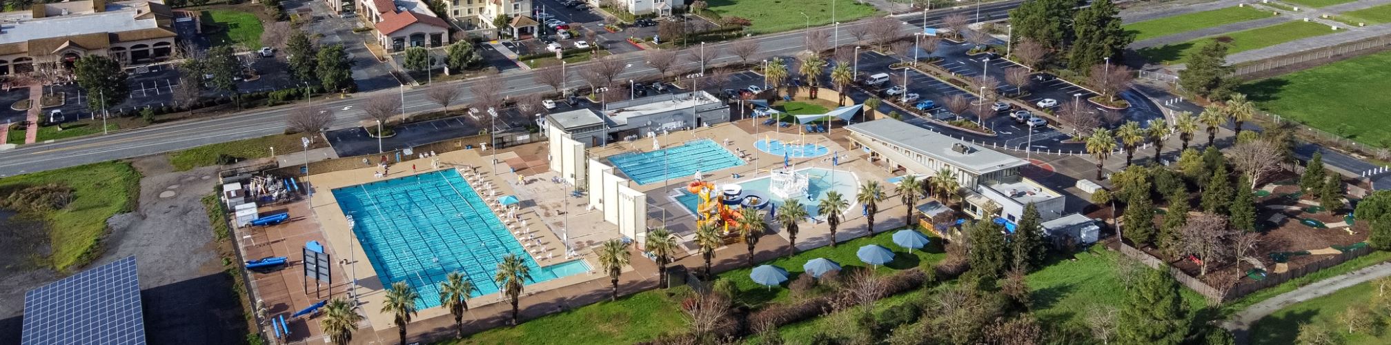 Aerial view of the Aquatics Center pool complex